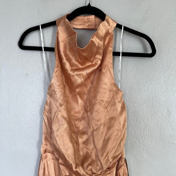 ELLIATT Women Camel Lambent Asymmetrical Halter Satin Dress Size S NEW Cowl Neck - Picture 4 of 10